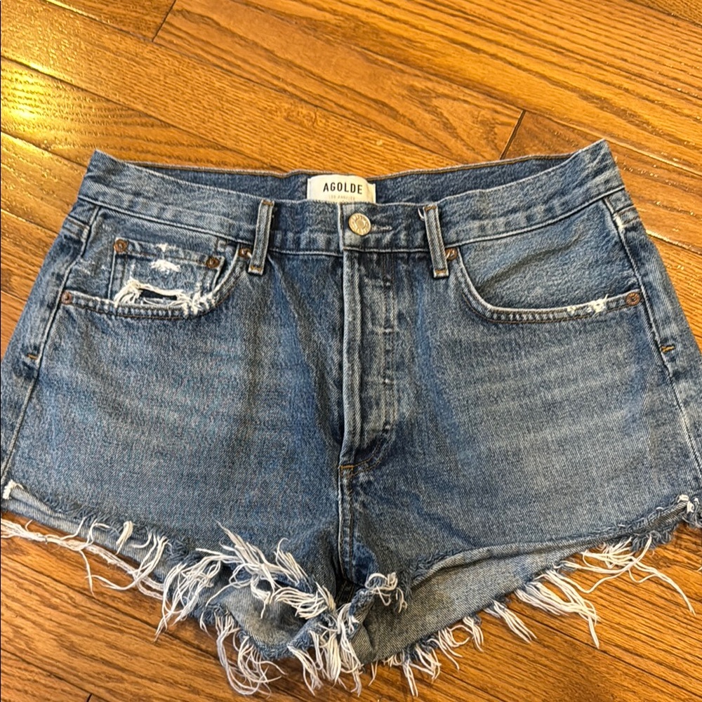 Agolde Blue Jean Shorts Distressed Raw Hem